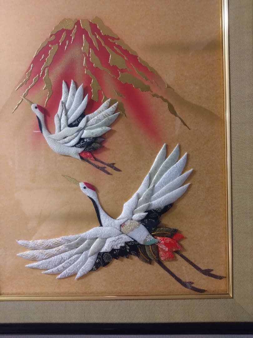縁起物！ハンドメイド鶴と富士山のパッチワークアート