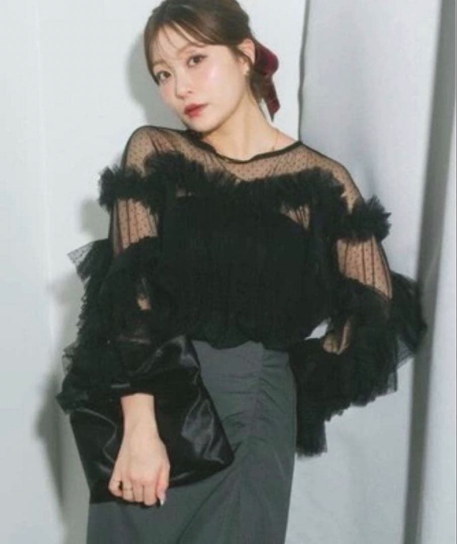 【スカートセット】【匿名発送】ECREL ドットチュールフリルブラウス