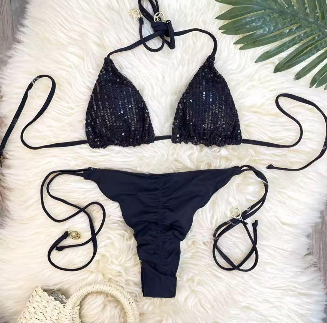 【新品】競技用ビキニ　大会　コンテスト　ピアス付き　スパンコール　黒　ブラック