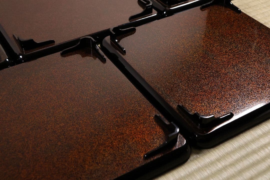 木製漆器 草花 絵変蒔絵 蝋色塗 吸物膳 十客 足付 四方膳 梨地【CM282】