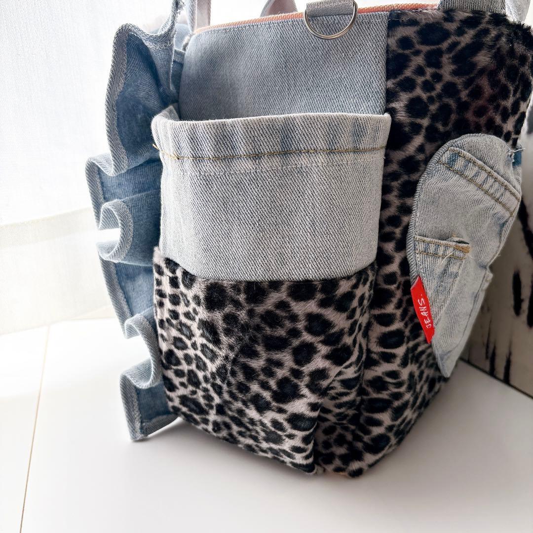 コヤンイサムチョン　バック　デニム×レオパード　パールフリル
