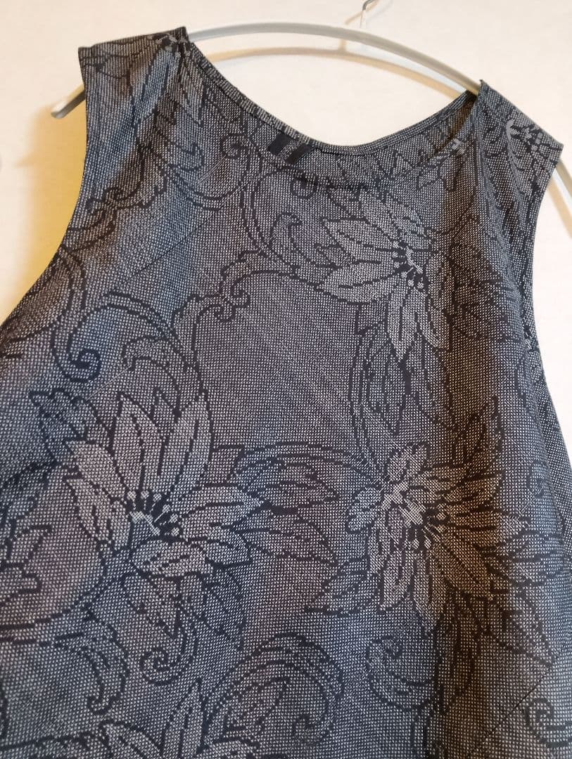 着物リメイク☆大島紬フレアーワンピース☆グレー花柄正絹☆ストールリボン2本付き