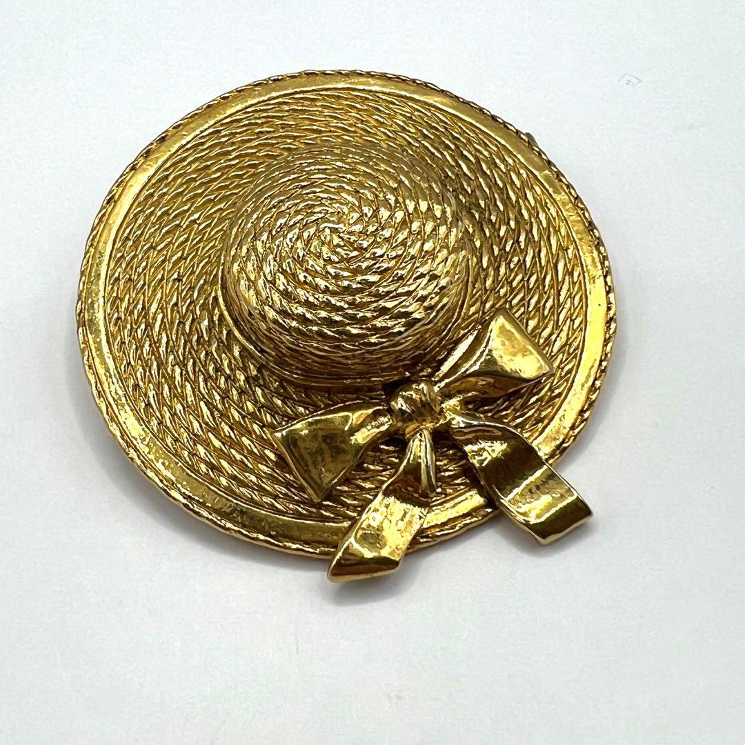 【極美品】シャネル ブローチ 麦わら帽子 ゴールド リボン