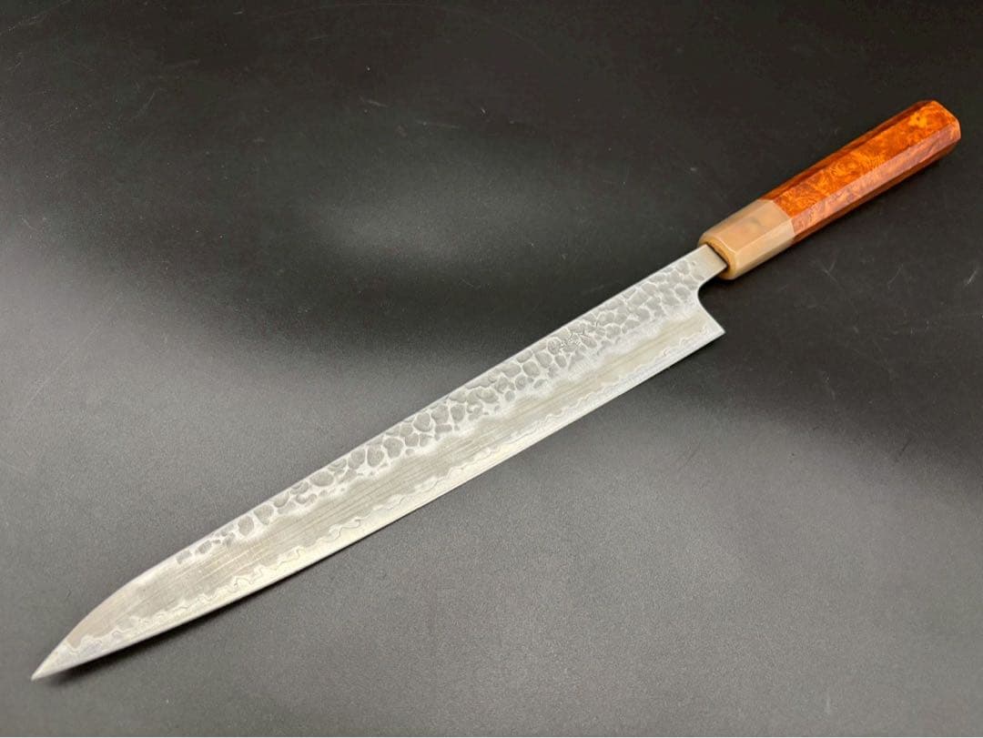 日本製　青紙スーパー鋼割り込み筋引き包丁240mm 花梨瘤八角柄　柳刃包丁