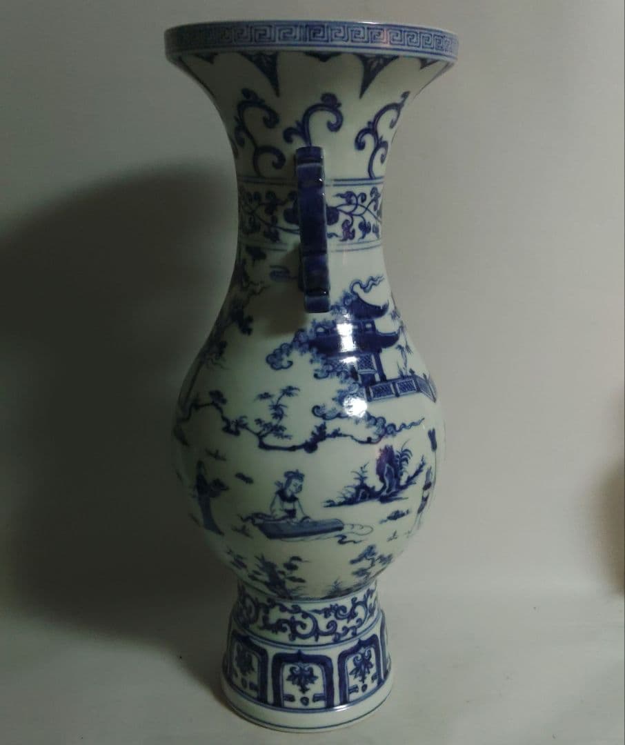 大明弘治年製　壺　花入　染付　中国　双耳盤口瓶　清朝　高さ約35.5cm