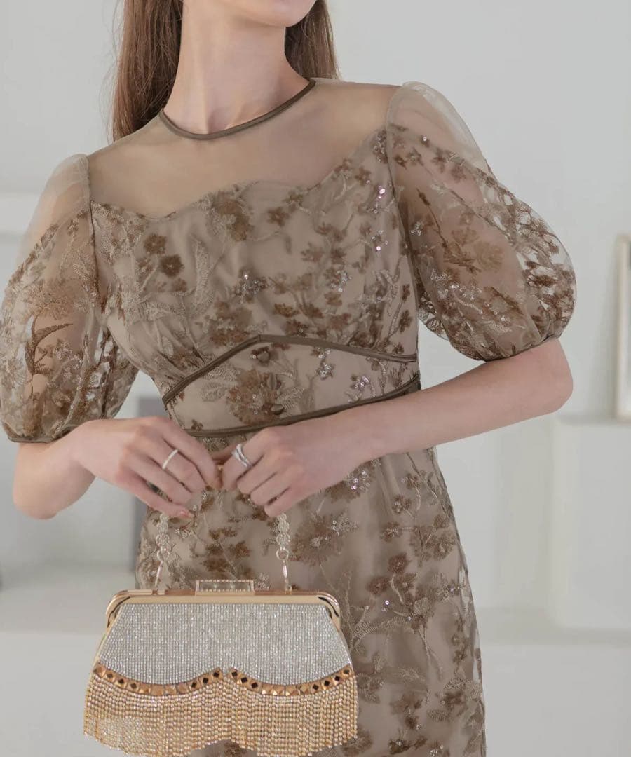 【新品未使用】Leja フラワーディテールパフスリーブIラインワンピースドレス