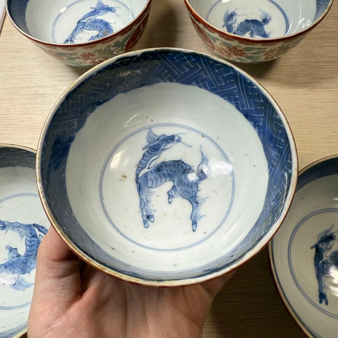 古伊万里 麒麟文 草花文 茶碗 蓋付碗 江戸中期 元禄期 色絵 墨弾き 九谷焼