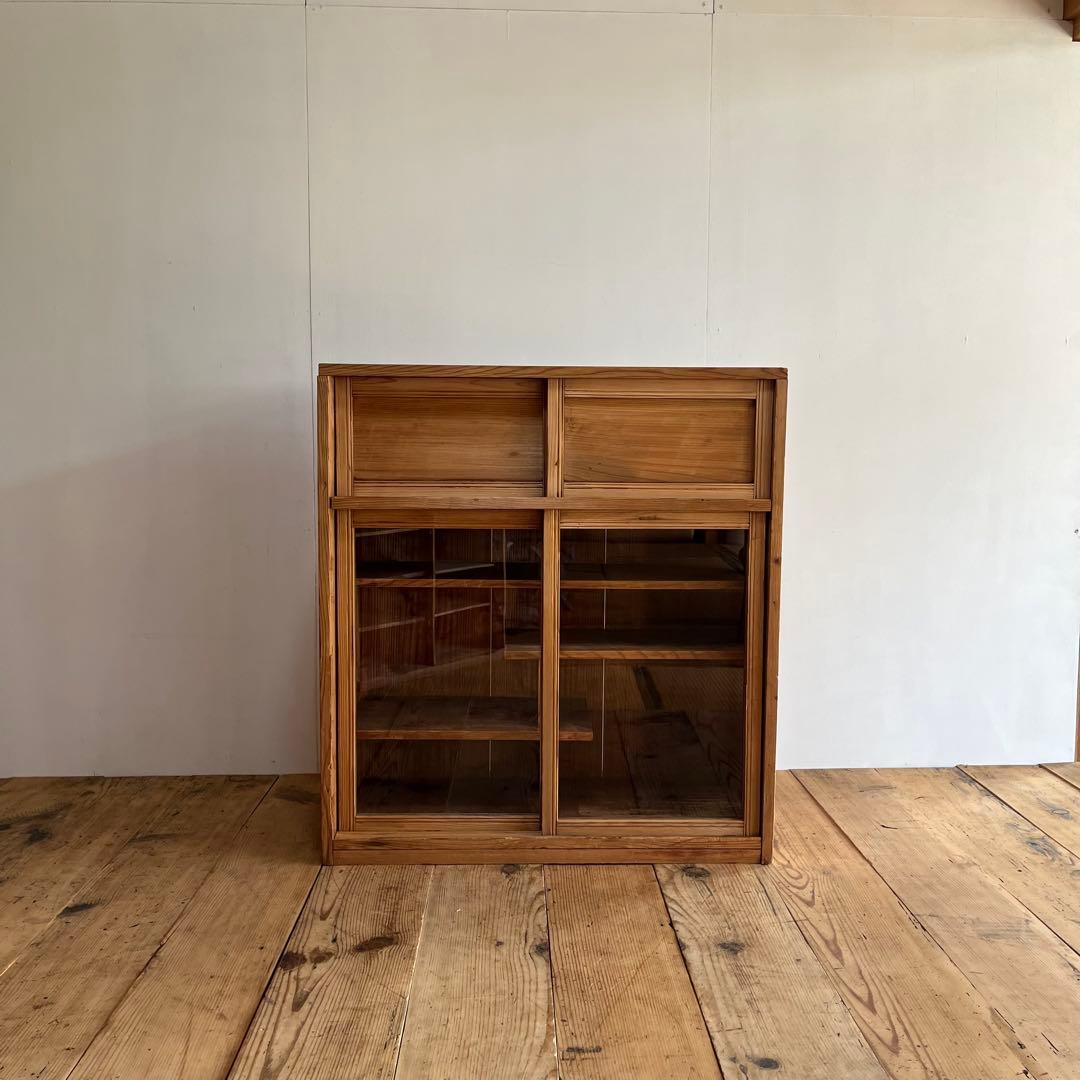 アンティーク ガラス戸棚 水屋箪笥 水屋 食器棚 無塗装 無垢材 キャビネット