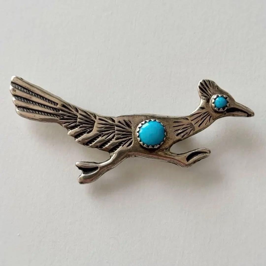 60s ビンテージ ナバホ ターコイズ ロードランナー シルバー ピン ブローチ
