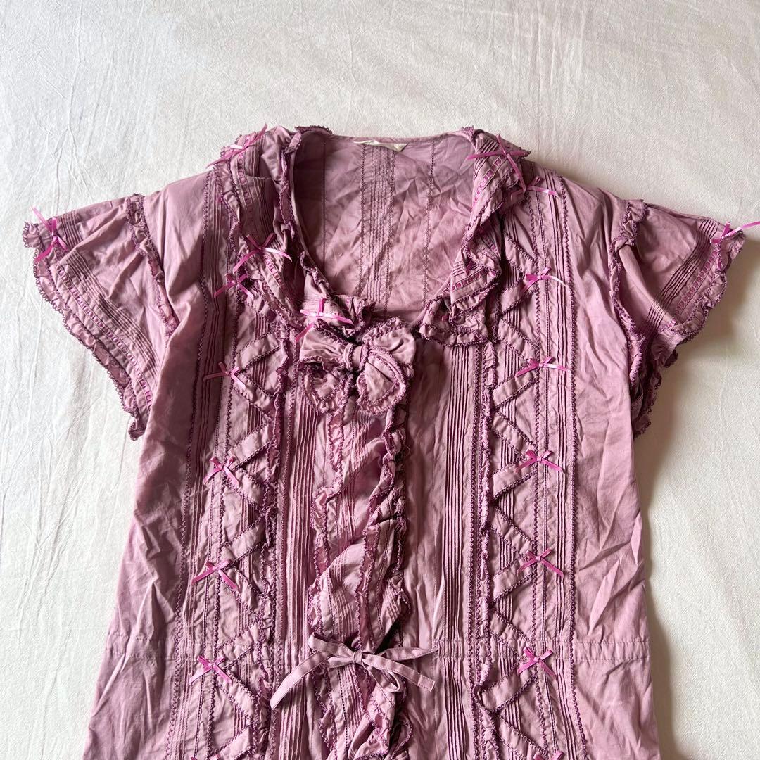 【高級】PINK HOUSE ピンクハウス カットソー 半袖 フリル パープル