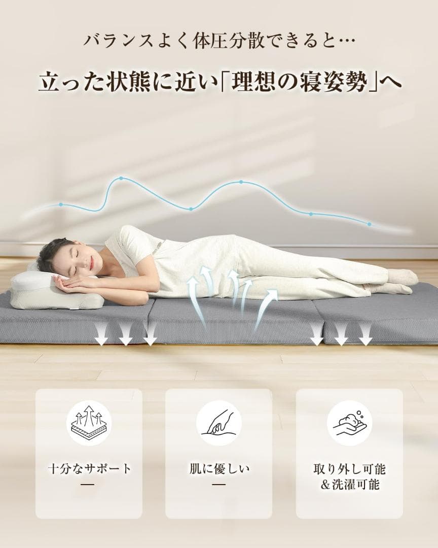 三つ折りマットレス セミダブル　厚み10cm 190N やや硬め　ブラック