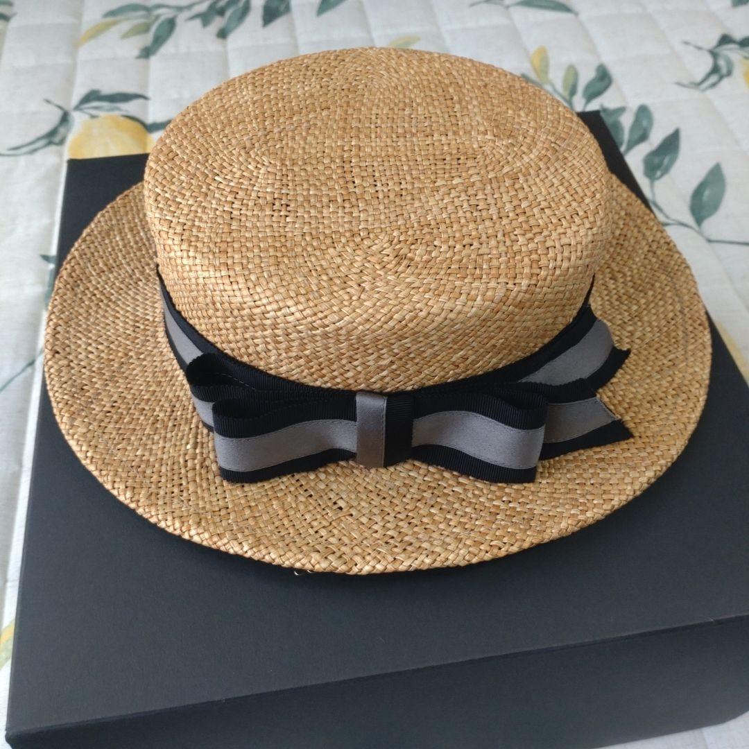 Jane Marple ストローハット（黒×グレーリボン）