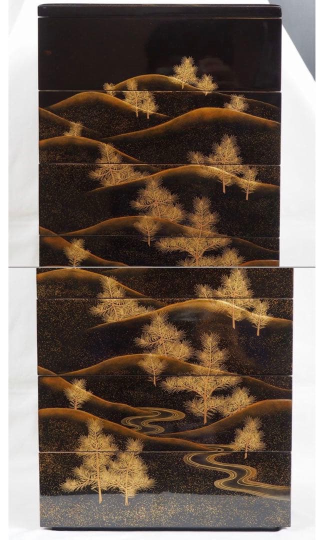 送料無料　旧家蔵出時代輪島塗 本金使用 金蒔絵根５重箱　変え蓋月付　大美品　共箱