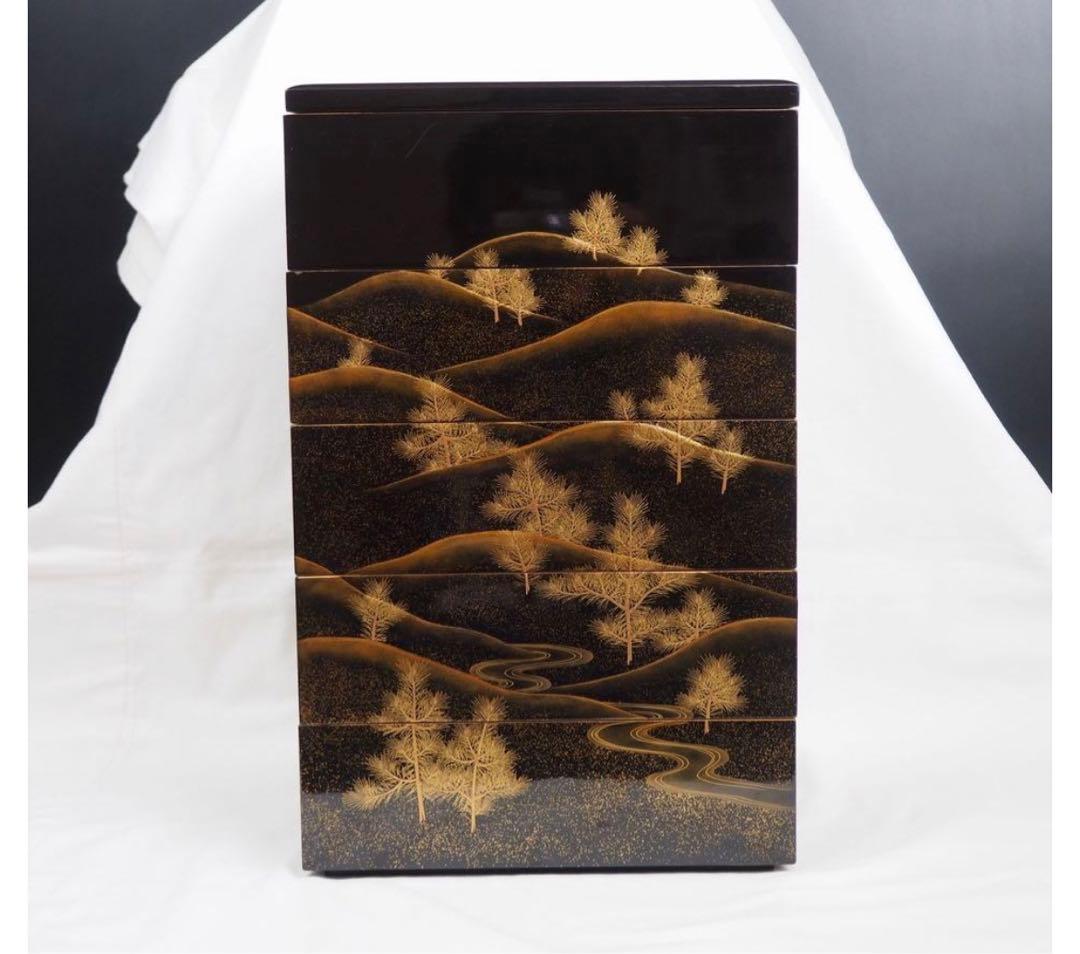 送料無料　旧家蔵出時代輪島塗 本金使用 金蒔絵根５重箱　変え蓋月付　大美品　共箱