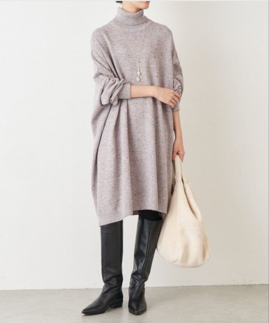 ビアズリー カラーネップ ビッグタートルネックニットワンピース M~L 極美品