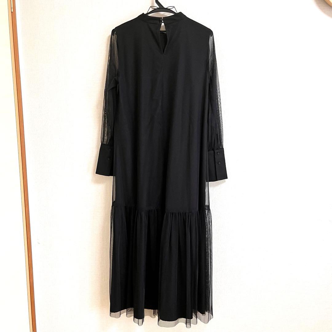 オケージョン　チュールワンピース シースルー袖ロングワンピース　ブラック