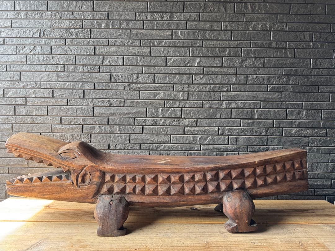 ワニ　置物　木製　ベンチ　鉢置　アジアン　アンティーク　オブジェ　木彫り