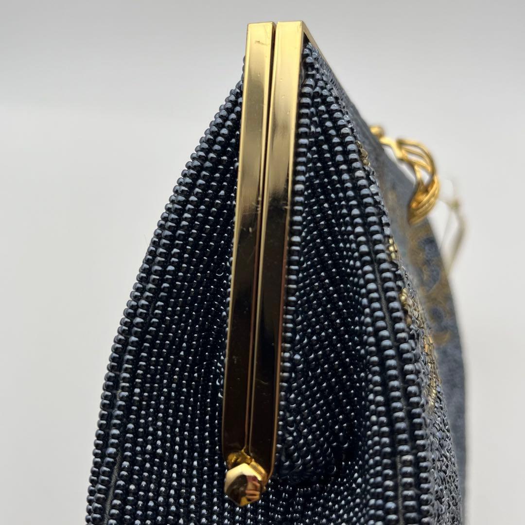 高級ビーズバッグ 新品未使用 がま口 チェーン ブラック系 刺繍 ビンテージ