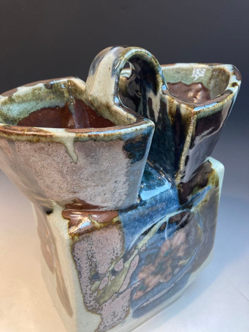 河井武一 作 花紋三色流扁壷 共箱 高さ27cm 河井寛次郎の甥・一番弟子