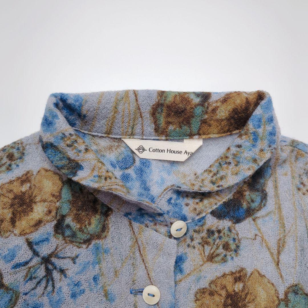 コットンハウスアヤ｜ウールガーゼ 長袖シャツ 水彩フラワー ブルー系 美品