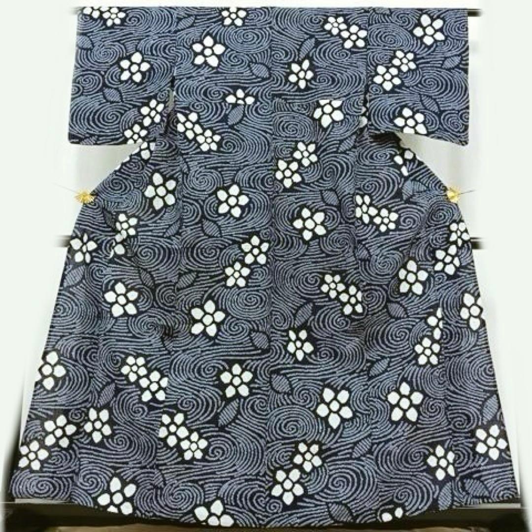 有松絞り　浴衣　身丈160 有松鳴海絞り　流水　渦巻き　紺地　鹿の子絞り