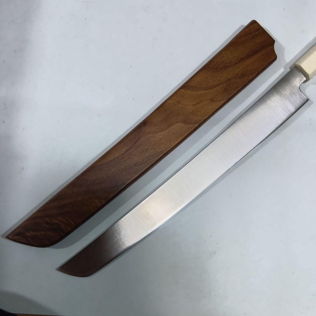 ステン本焼V金10号先丸柳刃包丁30cm鞘付人工象牙八角柄