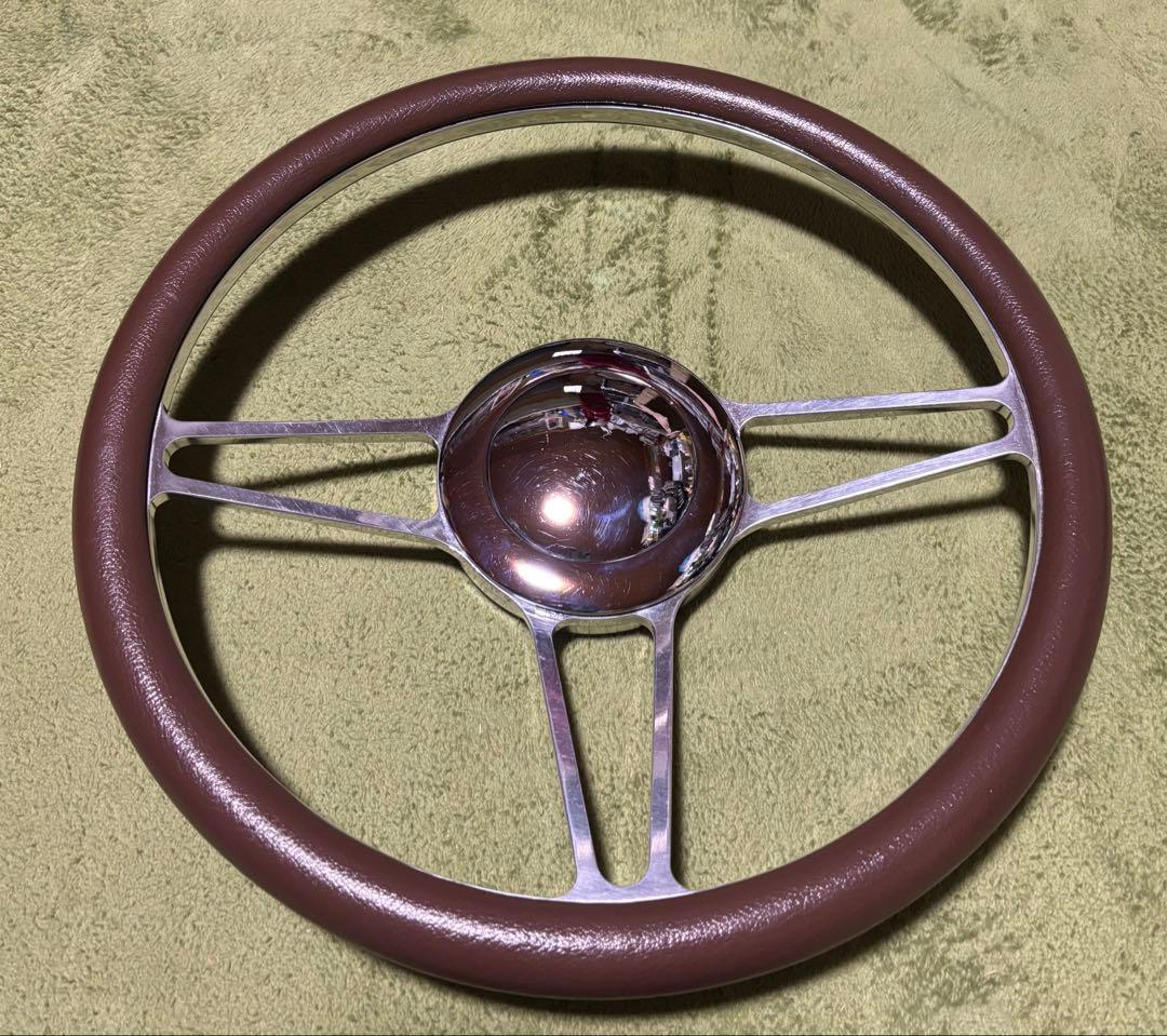 ビレットステアリング ブラウンレザー ホーンボタン付き 35cm 中古品 送料込