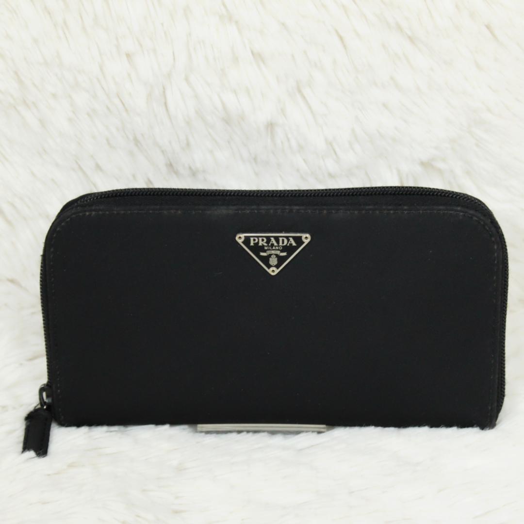 プラダ 長財布 ラウンドジップ 三角ロゴ ナイロン レザー ブラック PRADA