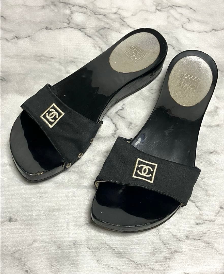 CHANEL スポーツライン　ココマーク　ブラック　サテン　サンダル　35