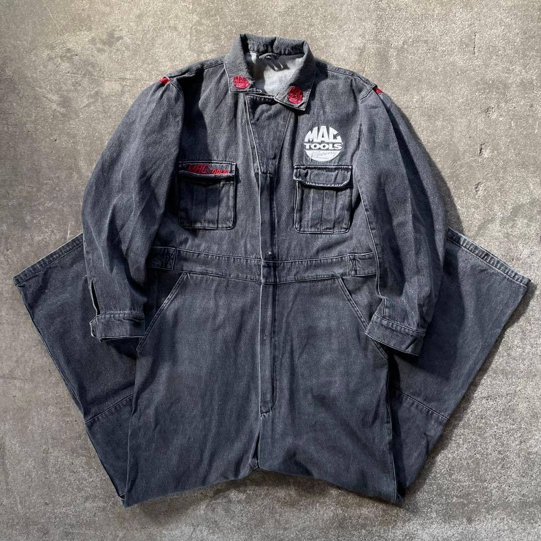 マックツール ブラックデニムオーバーオール つなぎ フルジップ 作業着 ロゴ刺繍
