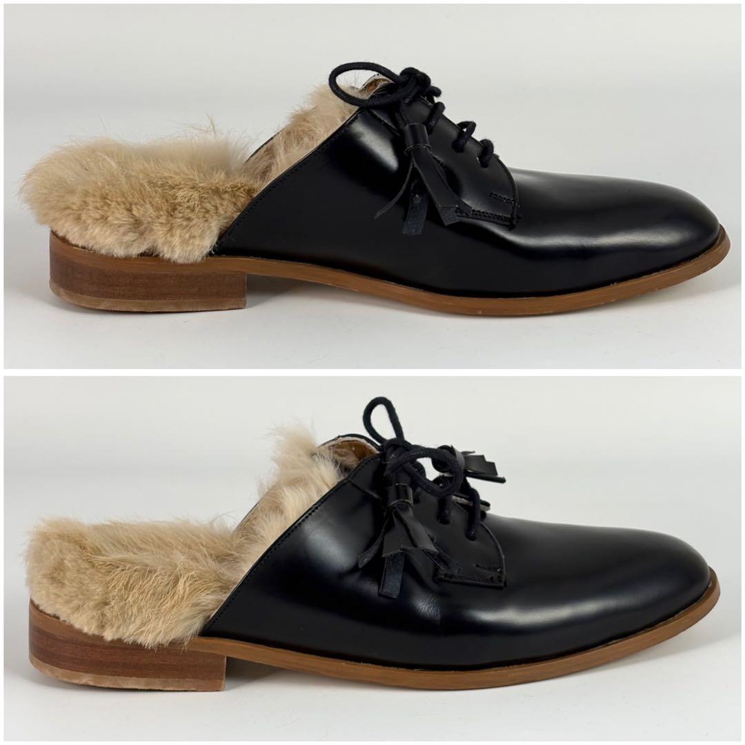 カミナンド ファー付き ミュール サンダル レースアップ ブラック 24cm
