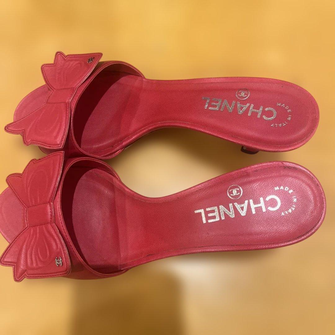 CHANEL レザーリボンミュール レッド　サンダル　39