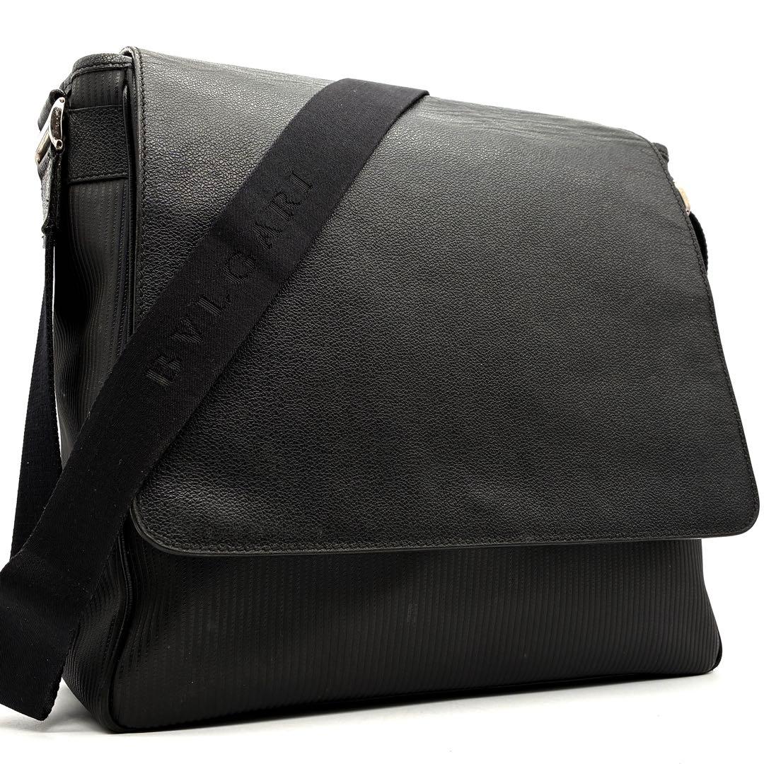 美品 ブルガリ ミレリゲ ショルダーバッグ ロゴプレート レザー 斜め掛け 黒