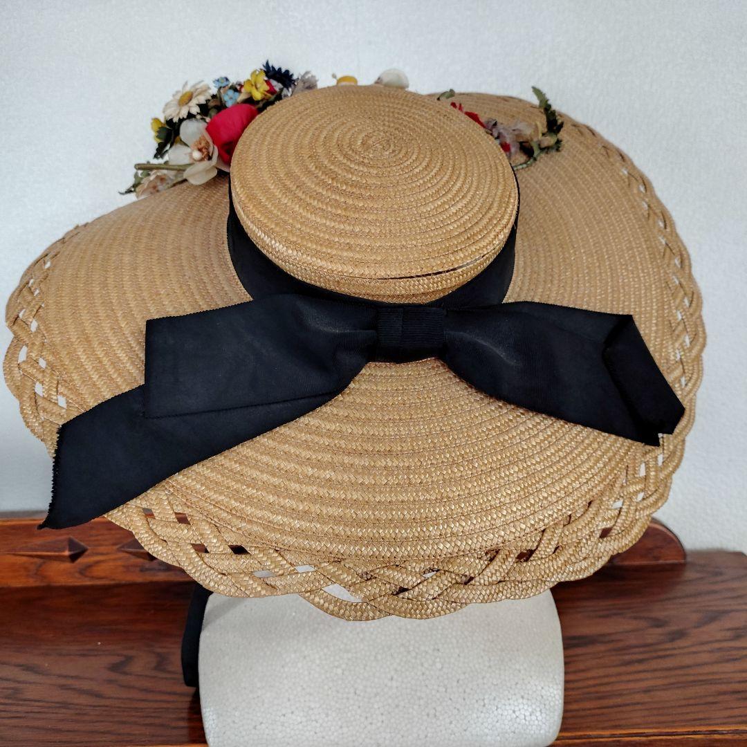 花飾り付き麦わら帽子 ビンテージ