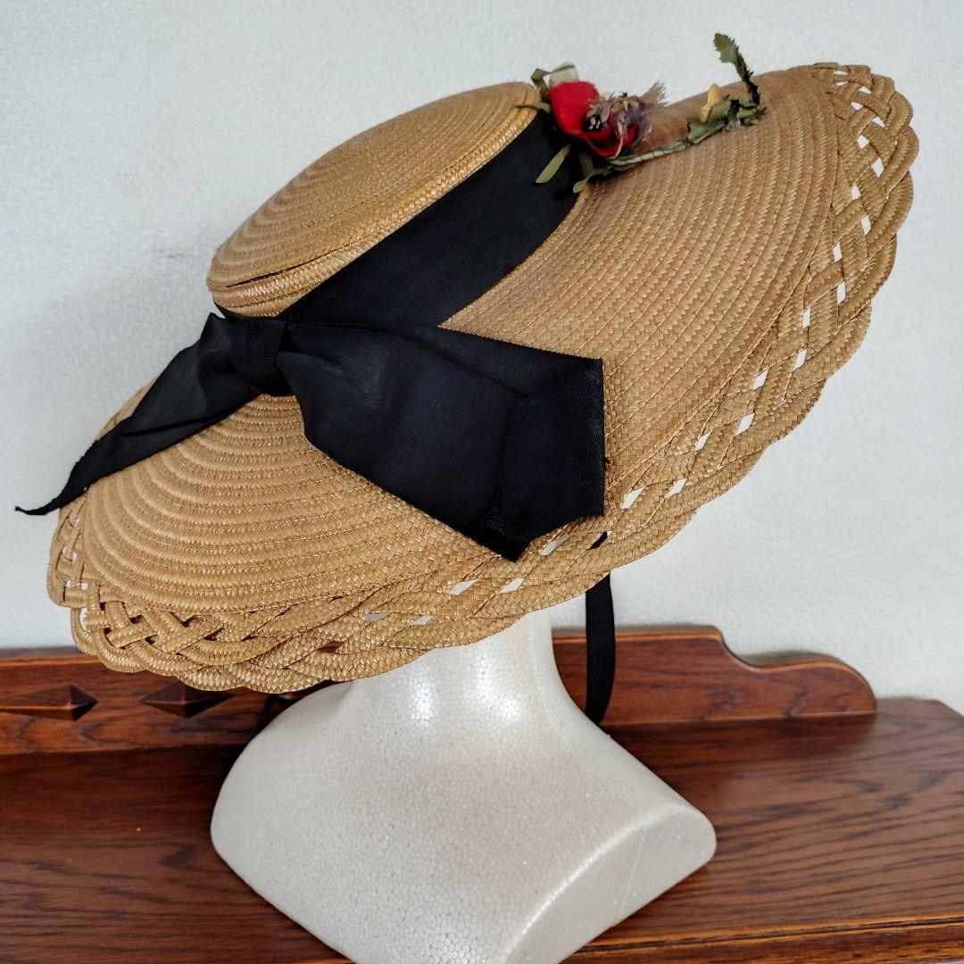 花飾り付き麦わら帽子 ビンテージ