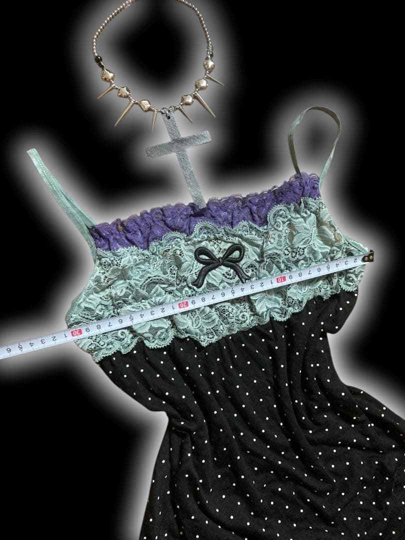 y2k水玉ドット２段レースリボンキャミ平成甘めギャルフェアリーグランジゴシック