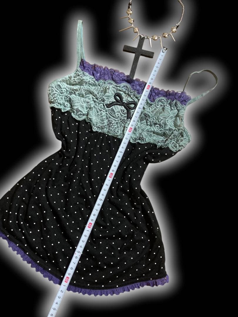 y2k水玉ドット２段レースリボンキャミ平成甘めギャルフェアリーグランジゴシック