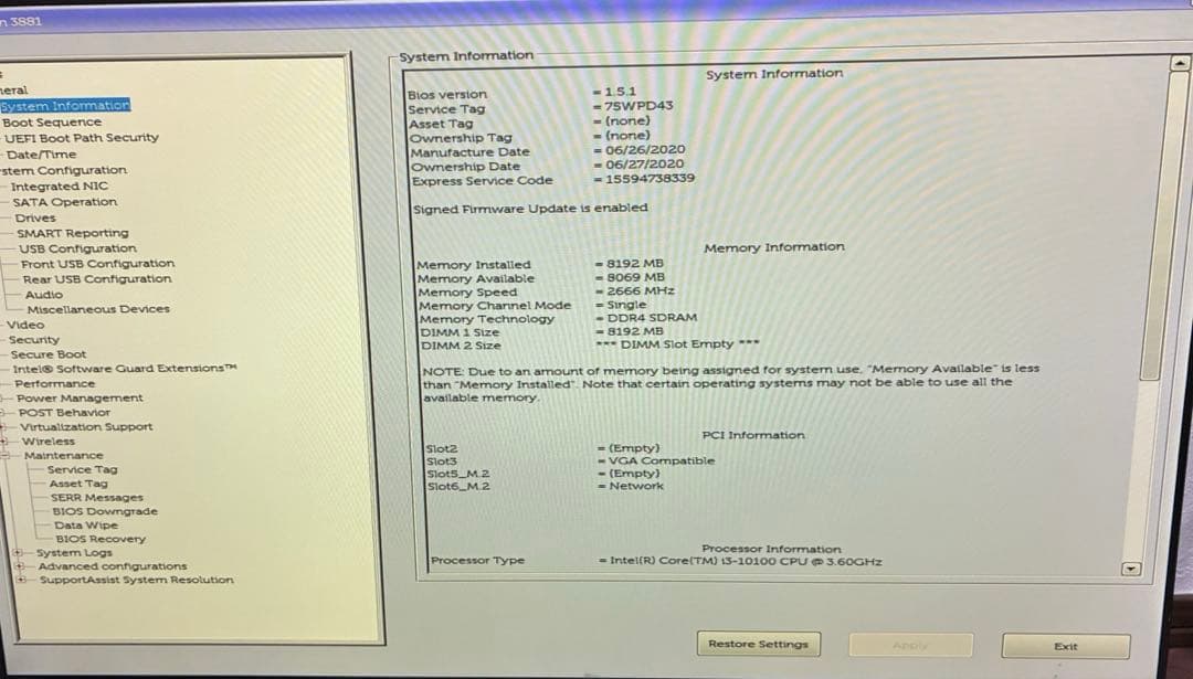 Windowsデスクトップ Dell Inspiron3881 Core i3 GTX1050