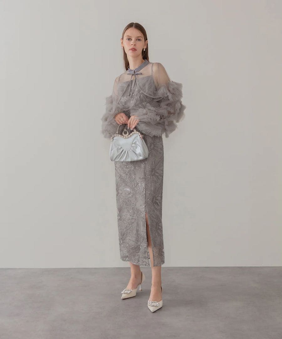 LEJA 新品タグ付きフリルチュールスリーブリボンIラインワンピースドレス