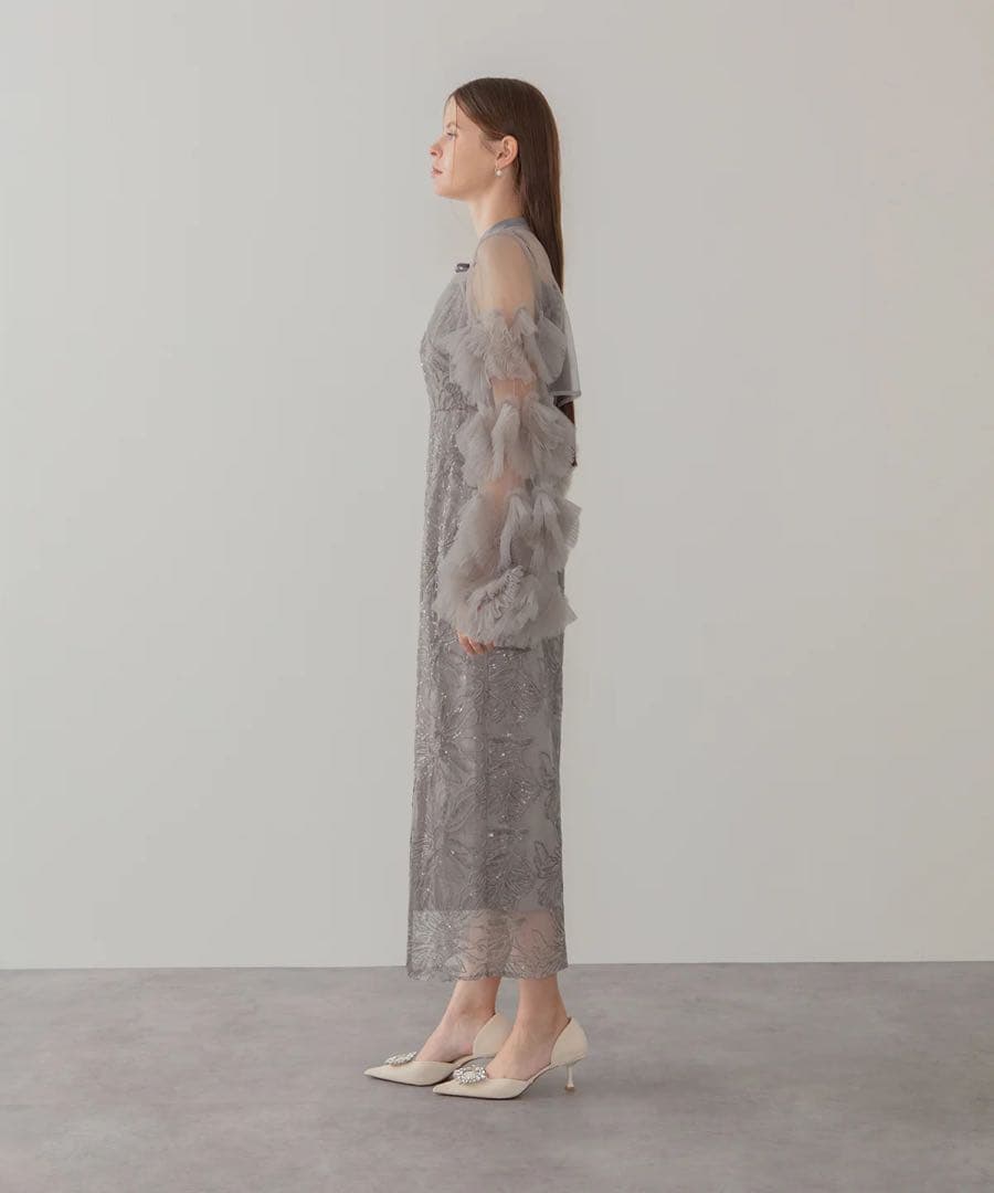 LEJA 新品タグ付きフリルチュールスリーブリボンIラインワンピースドレス