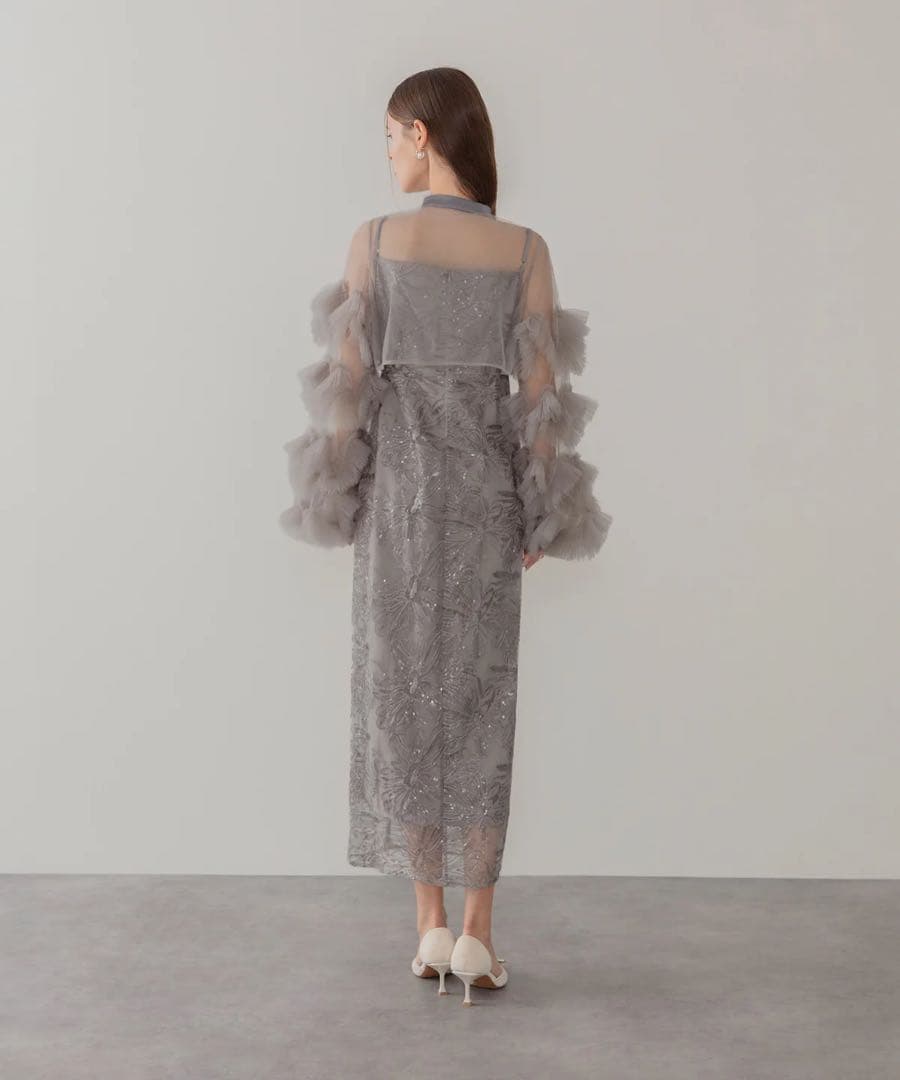 LEJA 新品タグ付きフリルチュールスリーブリボンIラインワンピースドレス