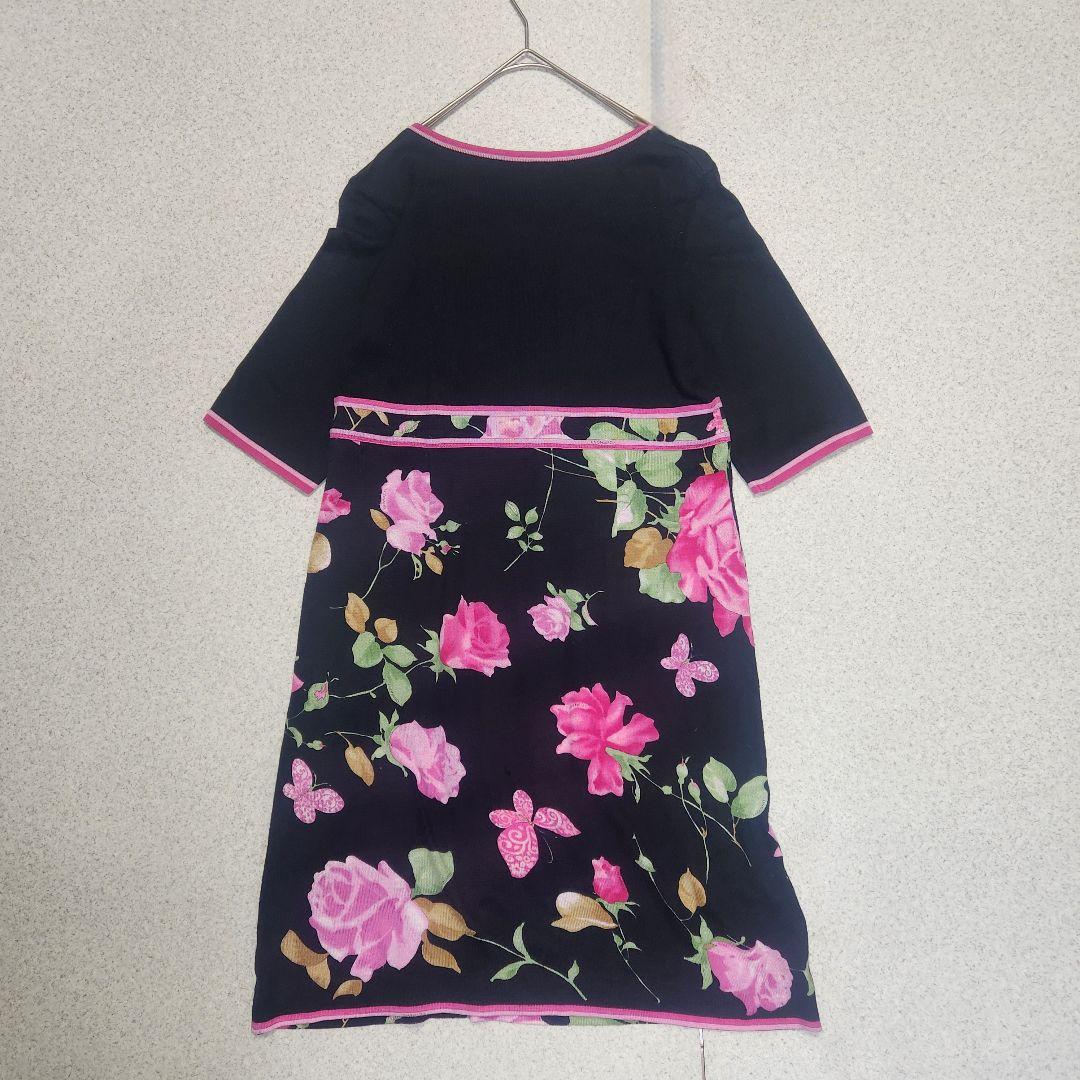 レオナール 半袖ワンピース ニット 花柄 コットン 薔薇 M