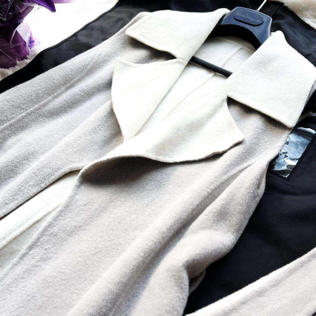 美品　foxyフォクシー　ダブルフェイス ウール　ロング　ジレ　ベルト　グレー