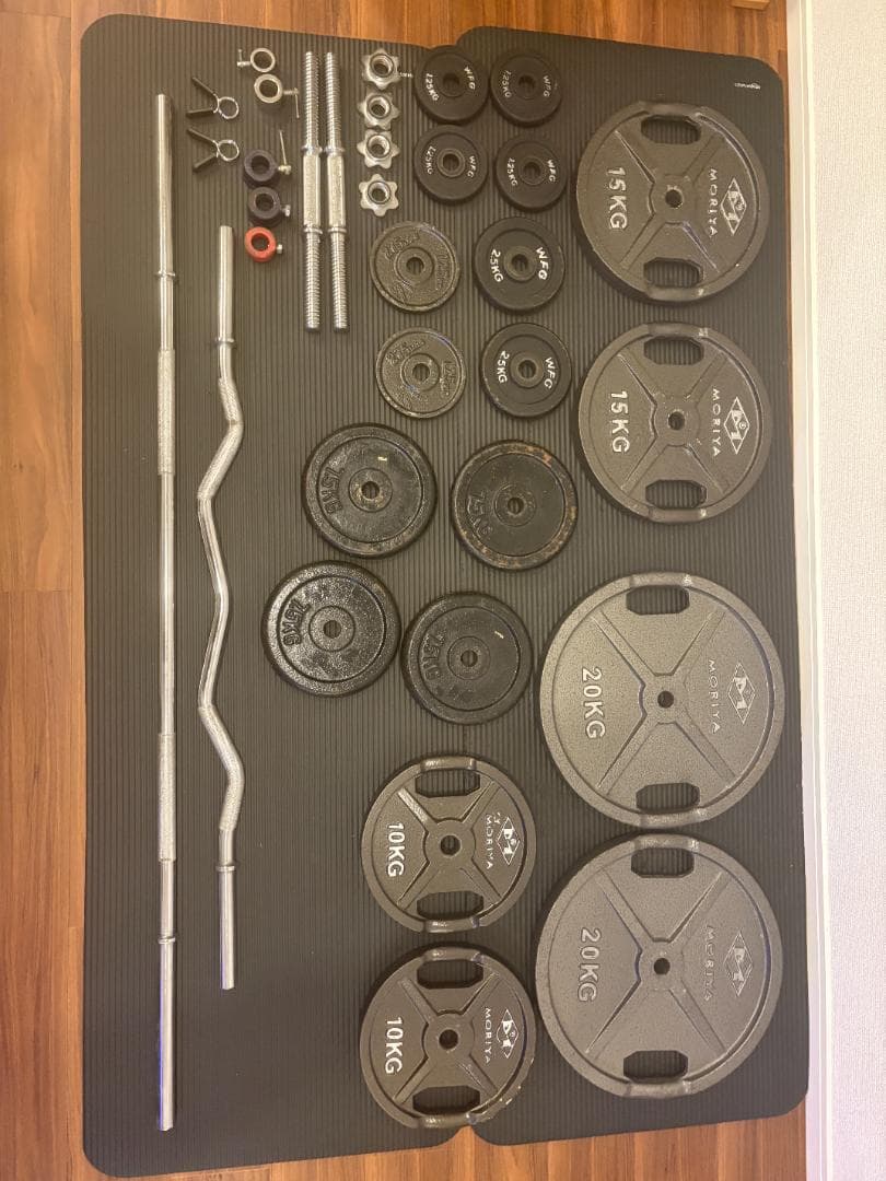 バーベルセット約130キロ ジムマット ベンチ付き ホームジムセット バラ売り可