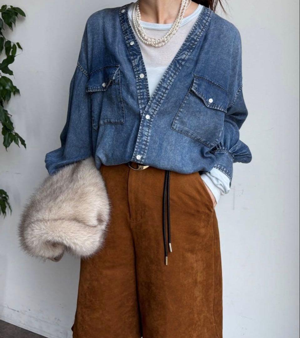 DOUDOU ドゥドゥ デニムVVシャツ Vネックシャツ デニムシャツ