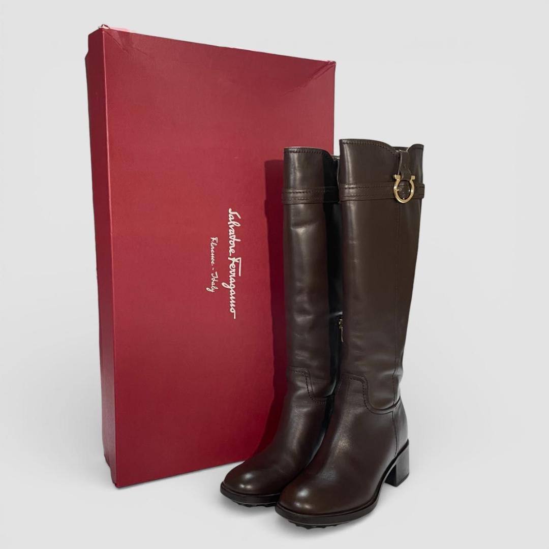 美品　Ferragamo　フェラガモ　ロングブーツ　ブラウン　ガンチーニ　レザー