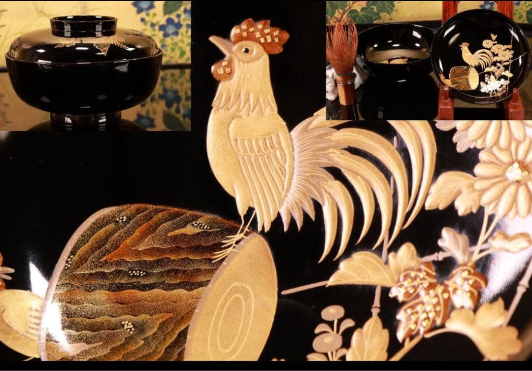 tatsuya　BJ133　時代輪島　加賀蒔絵　鶏図　吸物椀　一客　木製