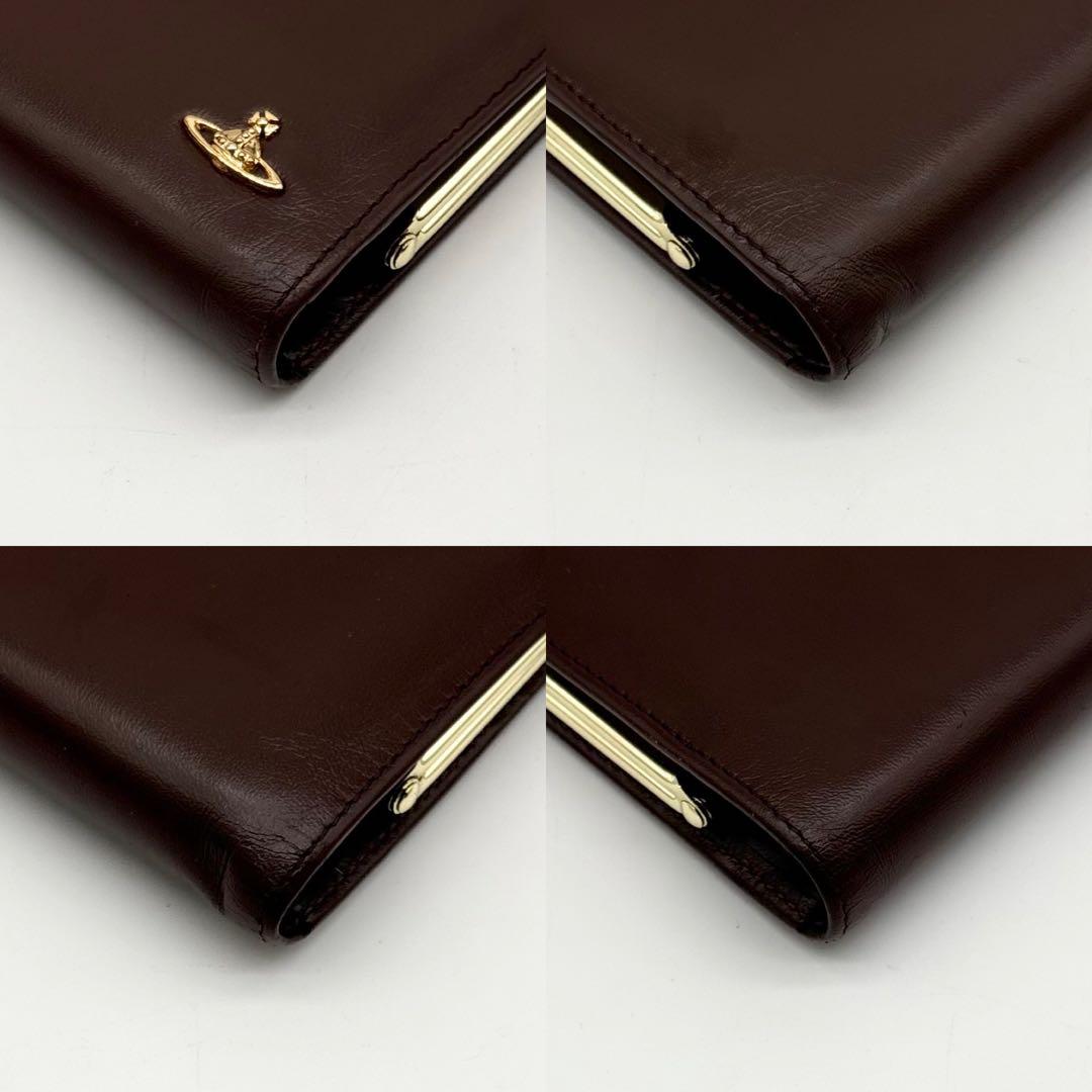 【美品】箱付き ヴィヴィアンウエストウッド レザー 長財布 オーブ がま口 茶