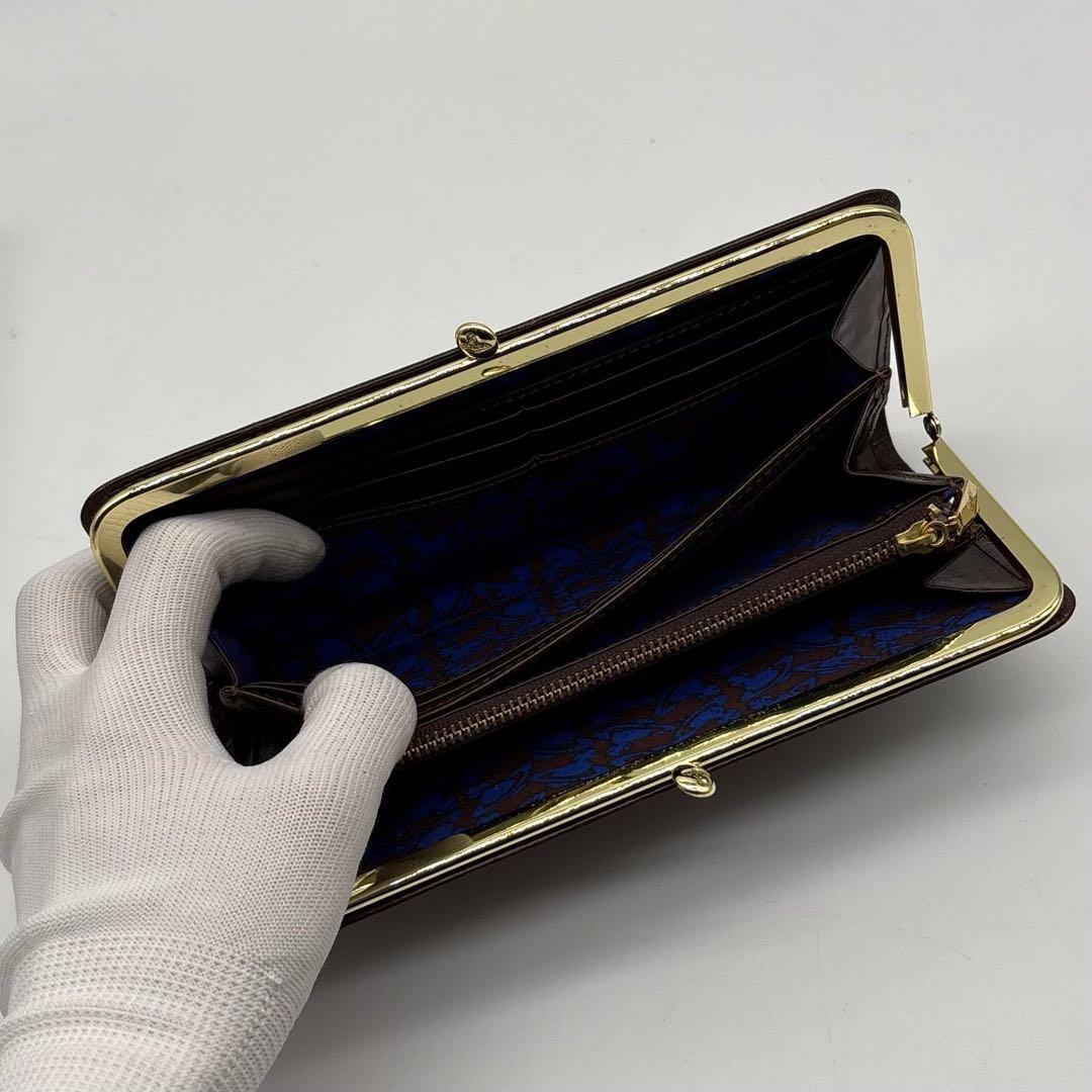 【美品】箱付き ヴィヴィアンウエストウッド レザー 長財布 オーブ がま口 茶