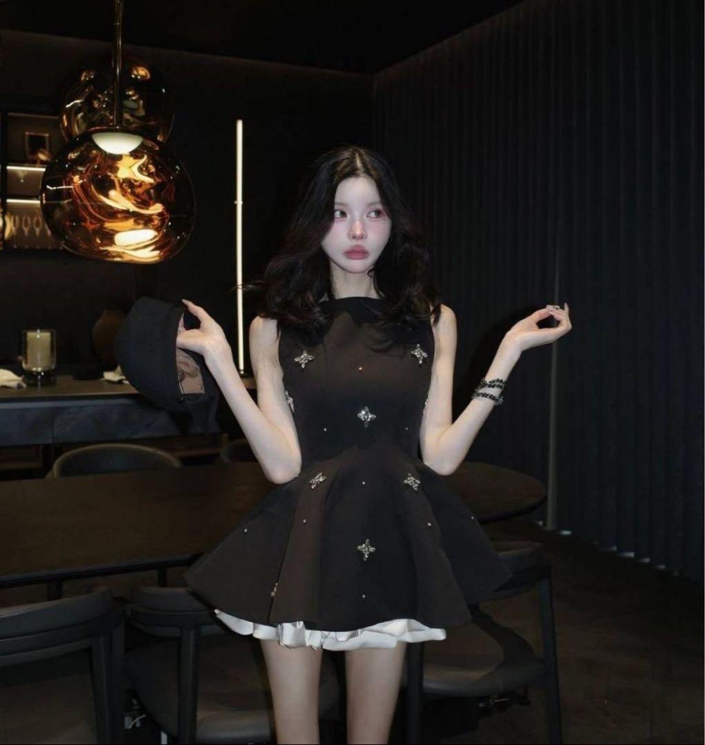 新品タグ付き ダーリッチ ビジューフレアバルーンミニドレス ブラック フリー